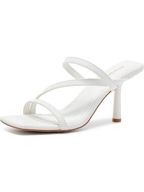 Women's White Faux Leather Square Toe Strappy 3 Inch Mules Stiletto High Heels